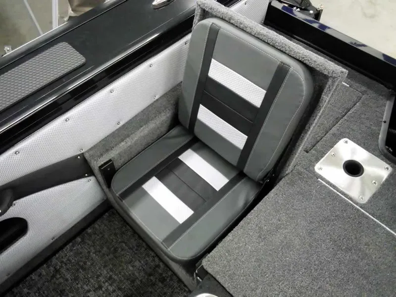 Slide: The Image of 2025 Ranger VX1888 WT boat seat, gray and black design, interior view. - 36