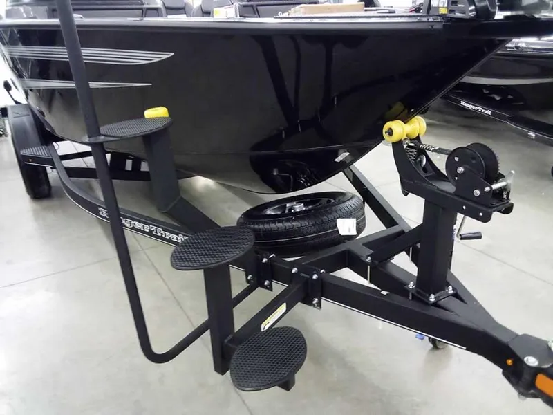 Slide: The Image of 2025 Ranger VX1888 WT boat trailer with black hull and step ladder. - 5