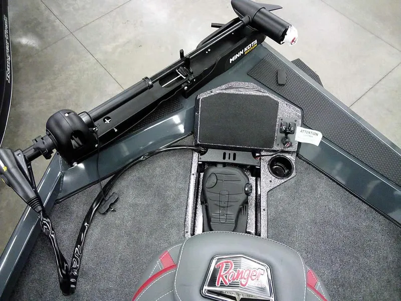 Slide: The Image of 2025 Ranger RT188P boat deck with Minn Kota trolling motor and Ranger seat. - 17