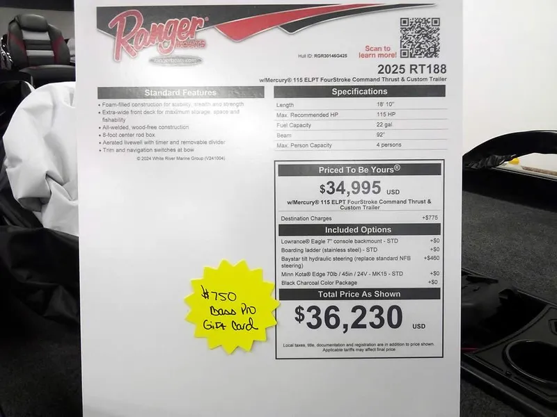 Slide: The Image of Ranger RT188P 2025 price sheet with specifications and $750 Bass Pro gift card offer. - 26