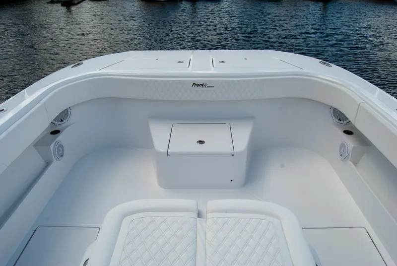 Slide: The Image of Front Runner 43 Catamaran 2025, spacious deck view, luxury marine design. - 15