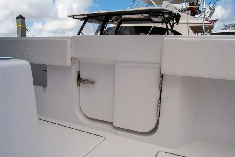 Slide: The Image of 2025 Front Runner 43 Catamaran interior detail with sleek white finish and modern design. - 40