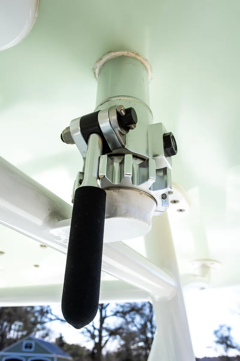 Slide: The Image of Close-up of a 2005 French Yachts 34 Center Console boat handle mechanism. - 44