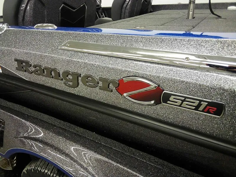 Slide: The Image of 2025 Ranger Z521R Garmin Ranger Cup Equipped boat, metallic finish, close-up view. - 3