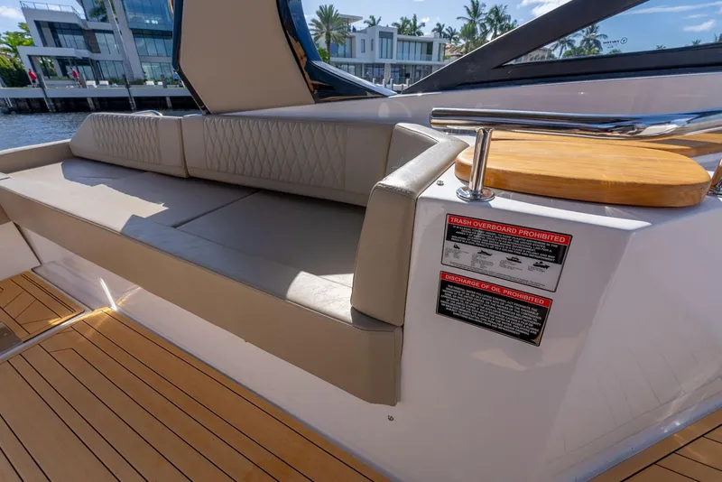 Slide: The Image of Luxury seating on 2024 Hanover 347 yacht with modern design and waterfront view. - 23