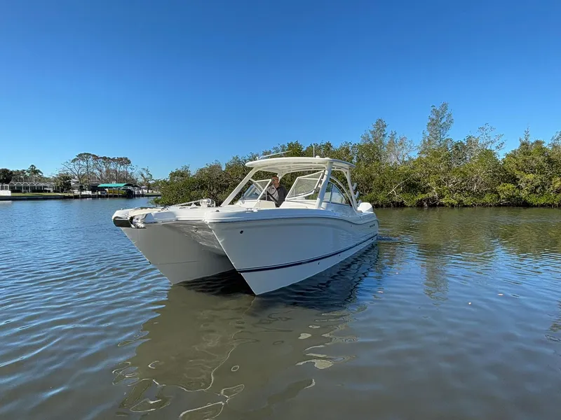 Slide: The Image of 2025 World Cat 296 DC boat on calm water with clear blue sky. - 3