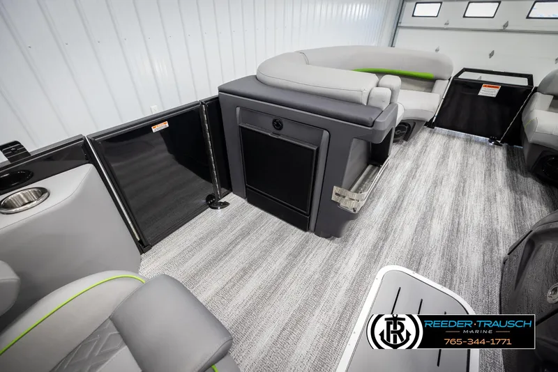 Slide: The Image of Interior of a 2025 Bennington MFBSE boat with modern seating and flooring. - 22