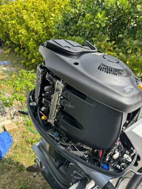 Slide: The Image of 2016 Release 208 RX outboard motor with open cover, surrounded by greenery. - 23