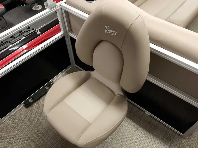 Slide: The Image of 2023 Ranger Reata 200F Pontoon boat seat, beige upholstery, comfortable design. - 10