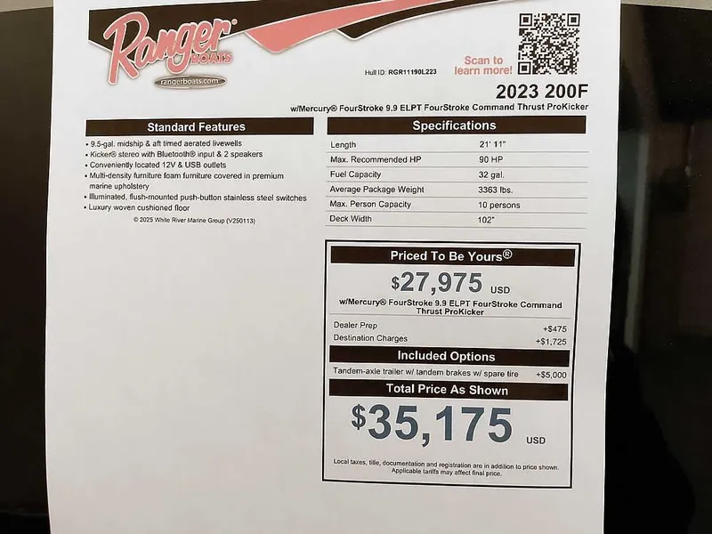 Slide: The Image of 2023 Ranger Reata 200F Pontoon specifications and pricing sheet. - 7