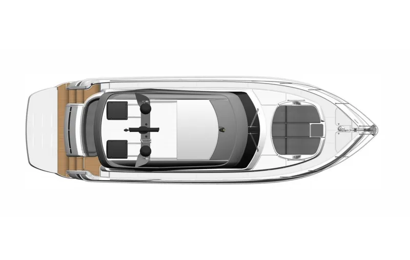 Slide: The Image of 2025 Riviera 4600 Sport Yacht cruising on a scenic river with industrial backdrop. - 2