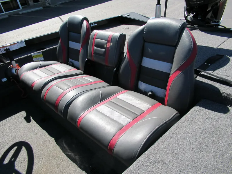 Slide: The Image of 2019 Ranger RT188C boat seats with black, gray, and red upholstery. - 3