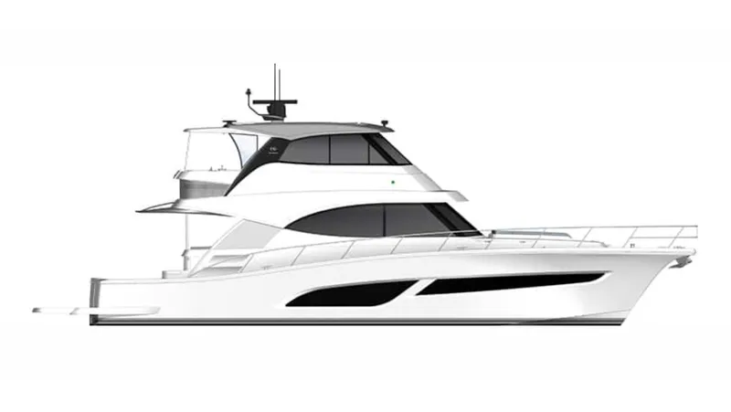 Slide: The Image of 2025 Riviera 58 Sports Motor Yacht, sleek design, side profile, luxury marine vessel. - 65