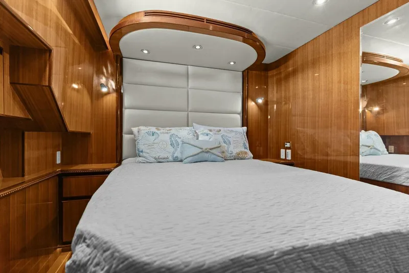 Slide: The Image of Luxurious yacht bedroom with wood paneling, plush bedding, and modern lighting. - 39