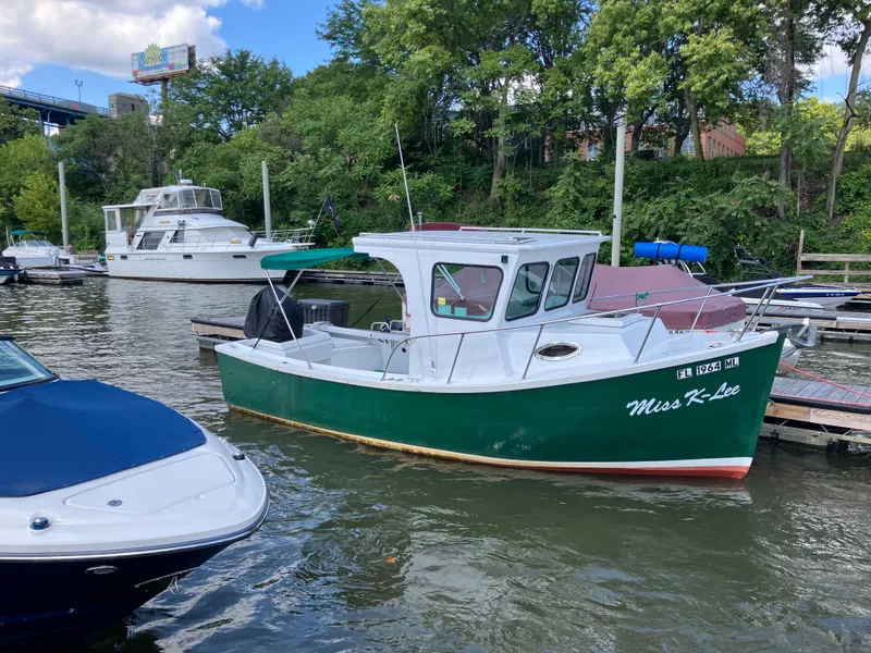 The Image of A green 2003 Cape Islander 22 boat docked in a marina with surrounding trees. - 0