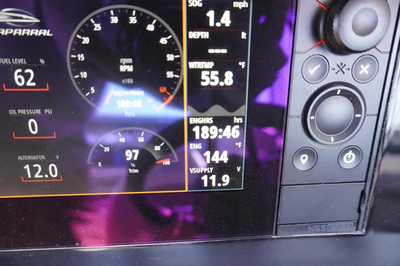 Slide: The Image of Dashboard of 2022 Chaparral 287 SSX showing engine hours and fuel level. - 15