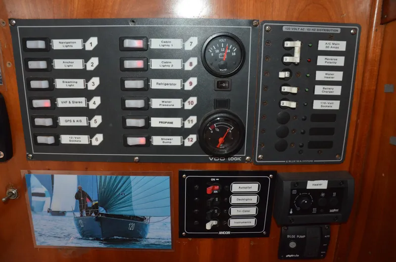 Slide: The Image of Control panel of a 1998 J Boats J/120 sailboat with various switches and gauges. - 32