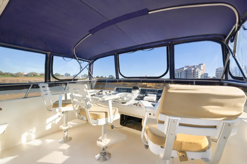 Slide: The Image of Interior view of 1989 Viking 63 Motor Yacht helm with seating and controls. - 40
