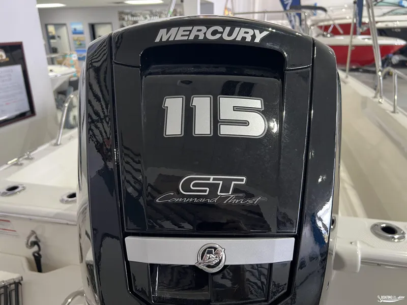 Slide: The Image of Mercury 115 Command Thrust engine on 2025 Boston Whaler 170 Montauk boat. - 13