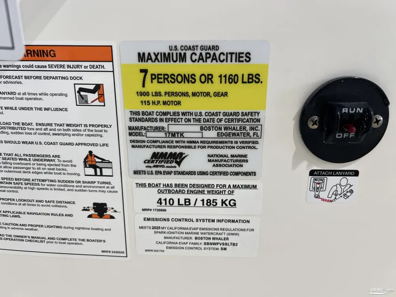 Slide: The Image of 2025 Boston Whaler 170 Montauk capacity label: 7 persons, 1160 lbs, 115 HP motor. - 14