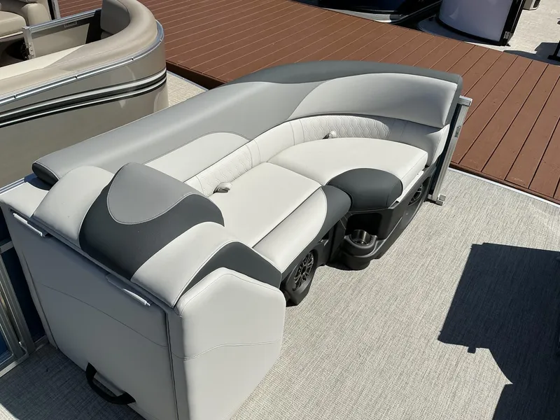 Slide: The Image of Luxurious seating on 2025 Avalon LSZ - 23 FT pontoon boat, featuring sleek design and comfort. - 9