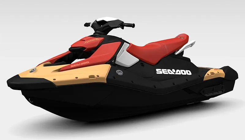 Slide: The Image of 2025 Sea-Doo Spark for 3, 90 hp iBR, red and black jet ski. - 4