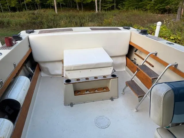 Slide: The Image of 1990 Thompson 240 Fisherman boat interior with seating and ladder, surrounded by lush greenery. - 15