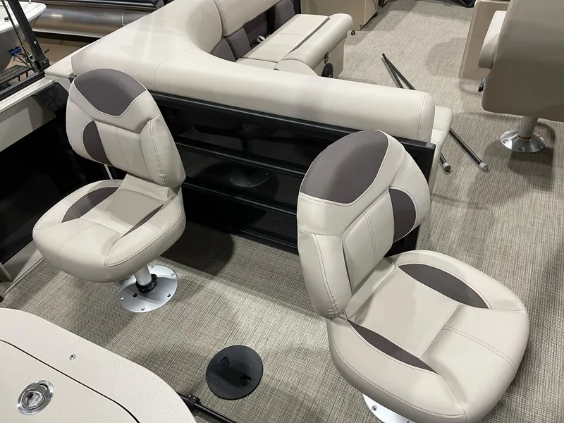 Slide: The Image of 2025 Bentley Pontoons 223 Fish interior with beige and brown seating. - 17