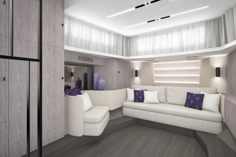 Slide: The Image of Luxurious interior of 2023 Cranchi A46 yacht with modern seating and elegant decor. - 16