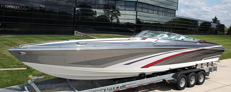 Slide: The Image of 2015 Formula 382 FASTech speedboat on trailer, sleek design with modern graphics. - 26
