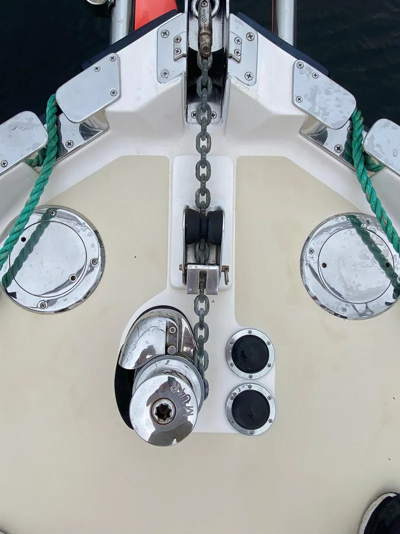 Slide: The Image of Deck of 2010 Pearson 38 True North boat with anchor chain and fittings. - 3