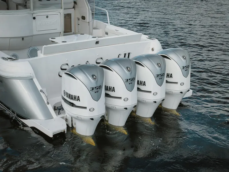 Slide: The Image of 2018 Intrepid 475 Sport Yacht with four Yamaha 350 outboard engines on water. - 3