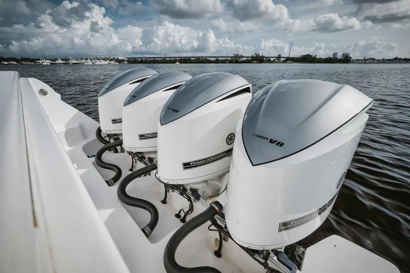 Slide: The Image of Four Yamaha V8 outboard engines on a 2018 Intrepid 475 Sport Yacht. - 35
