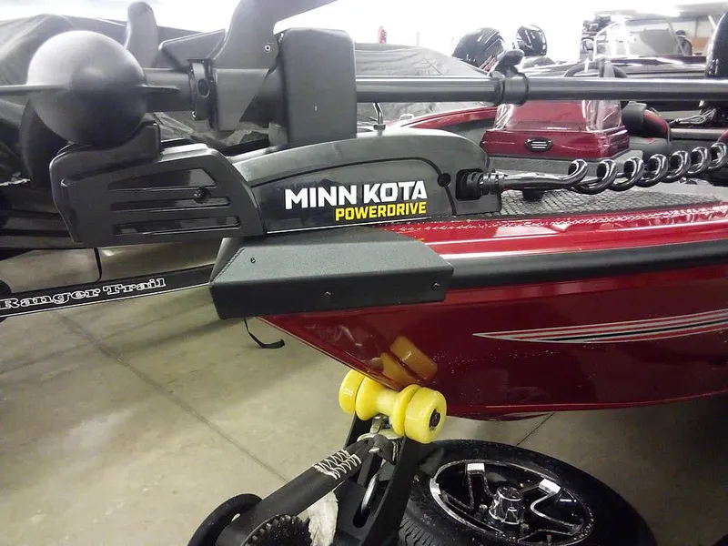 Slide: The Image of 2025 Ranger VS1665 SC boat with Minn Kota PowerDrive motor in showroom. - 6