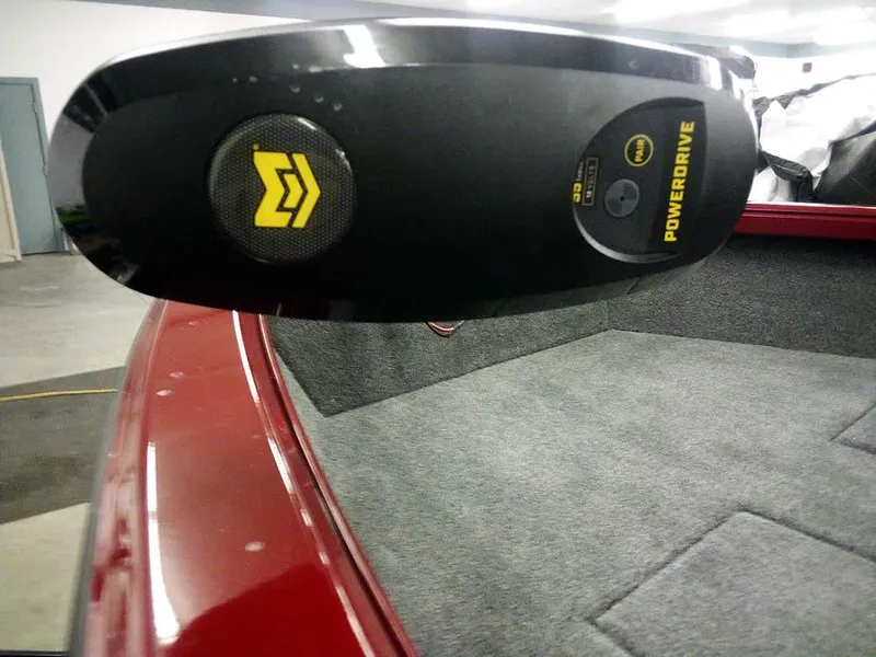 Slide: The Image of PowerDrive motor on 2025 Ranger VS1665 SC boat, red exterior, gray interior. - 7