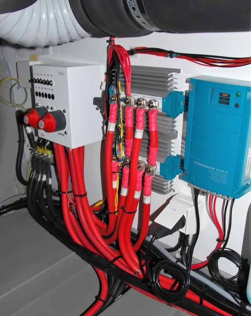 Slide: The Image of Electrical system of 2019 Sargo 33 All Season boat with cables and components. - 18