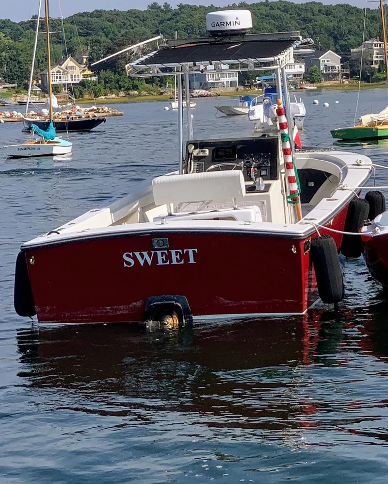 The Image of 1977 SeaCraft SF 23 IO boat named "Sweet" docked in a scenic harbor. - 0