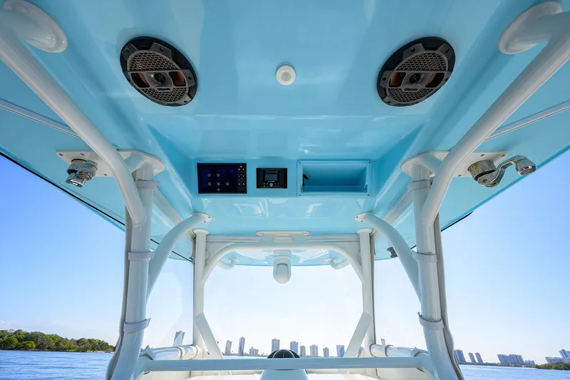 Slide: The Image of 2019 Yellowfin 34 Center Console boat interior with speakers and control panel. - 20