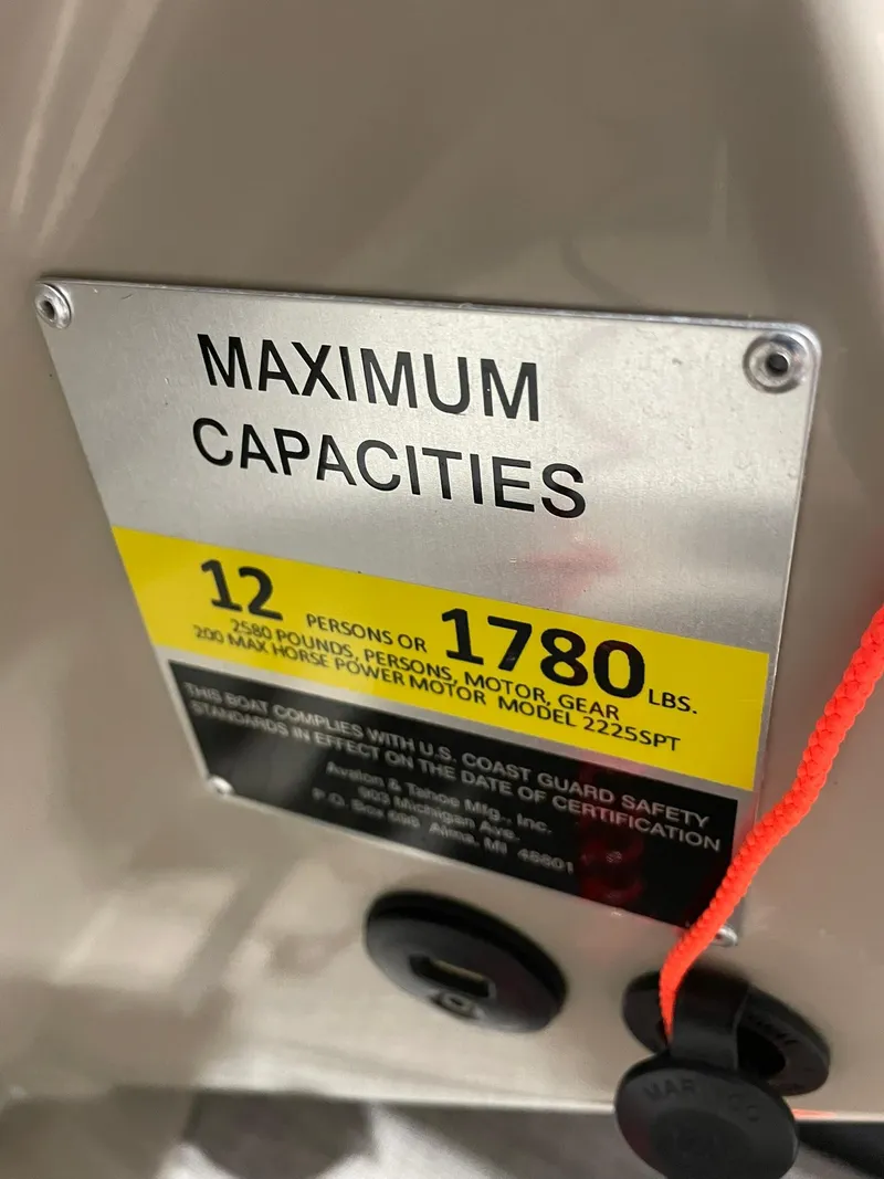 Slide: The Image of Maximum capacity label on 2019 Avalon Lsz Rear Fish - 24', 12 persons or 1780 lbs. - 16