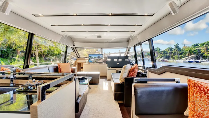 Slide: The Image of Luxurious interior of a 2018 Prestige 680 yacht with modern seating and large windows. - 1