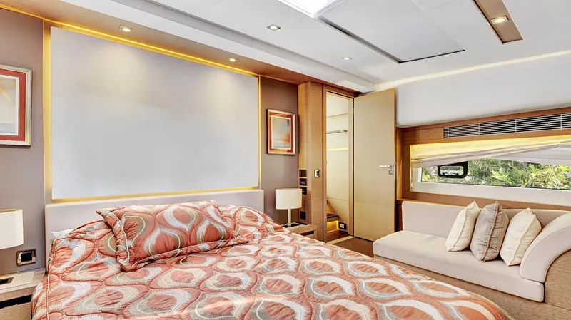 Slide: The Image of Luxurious bedroom interior of 2018 Prestige 680 yacht with modern decor and elegant furnishings. - 15