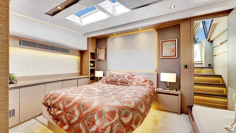 Slide: The Image of Luxurious bedroom interior on 2018 Prestige 680 yacht with skylight and modern decor. - 2