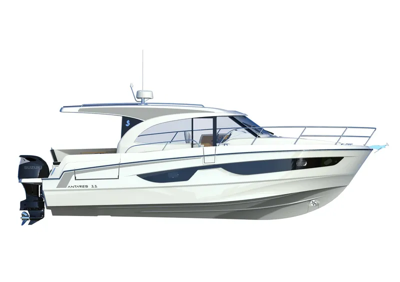 Slide: The Image of 2026 Beneteau Antares 11 OB, sleek white motorboat with modern design and outboard engines. - 36