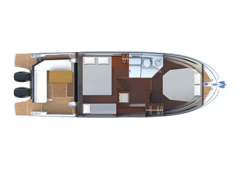 Slide: The Image of 2026 Beneteau Antares 11 OB boat layout with twin engines and spacious interior design. - 38