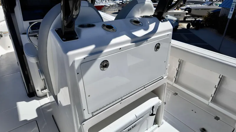 Slide: The Image of 2025 Sea Fox 288 Commander boat interior with storage compartments and seating. - 22
