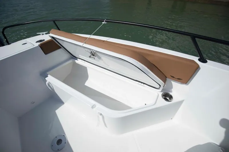 Slide: The Image of 2025 Beneteau Flyer 8 SPACEdeck boat storage compartment open on deck. - 8