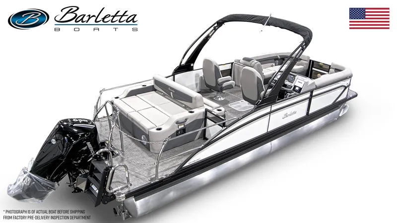 Slide: The Image of 2025 Barletta Cabrio 24UC pontoon boat on trailer in showroom. - 1