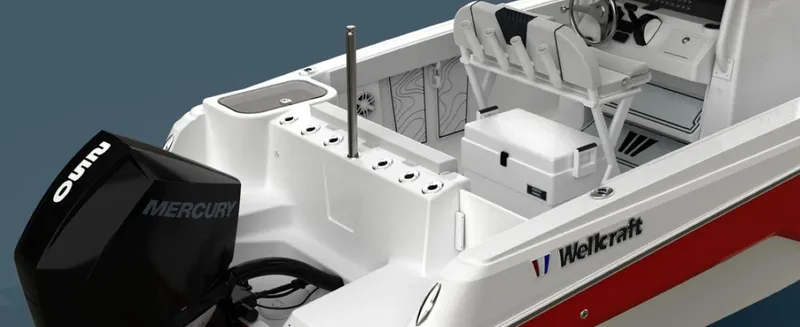 Slide: The Image of 2025 Wellcraft 223 Fisherman boat with Mercury engine, white and red design, spacious seating. - 4