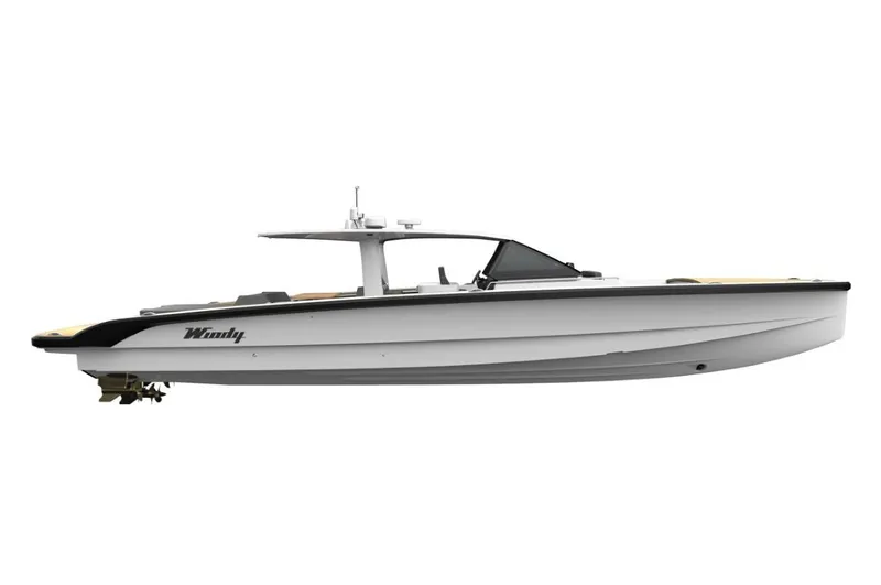 Slide: The Image of 2025 Windy SRL/SR60 boat, sleek design, side view, white hull. - 2
