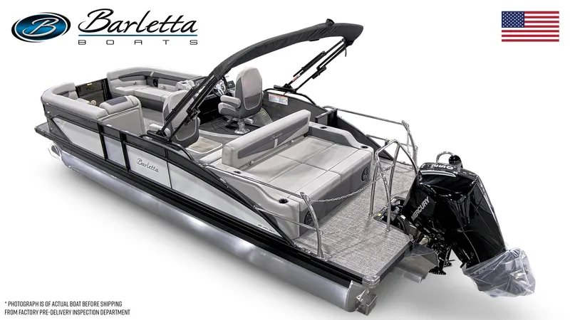 Slide: The Image of 2025 Barletta Cabrio 24UC pontoon boat with sleek design and modern features. - 2